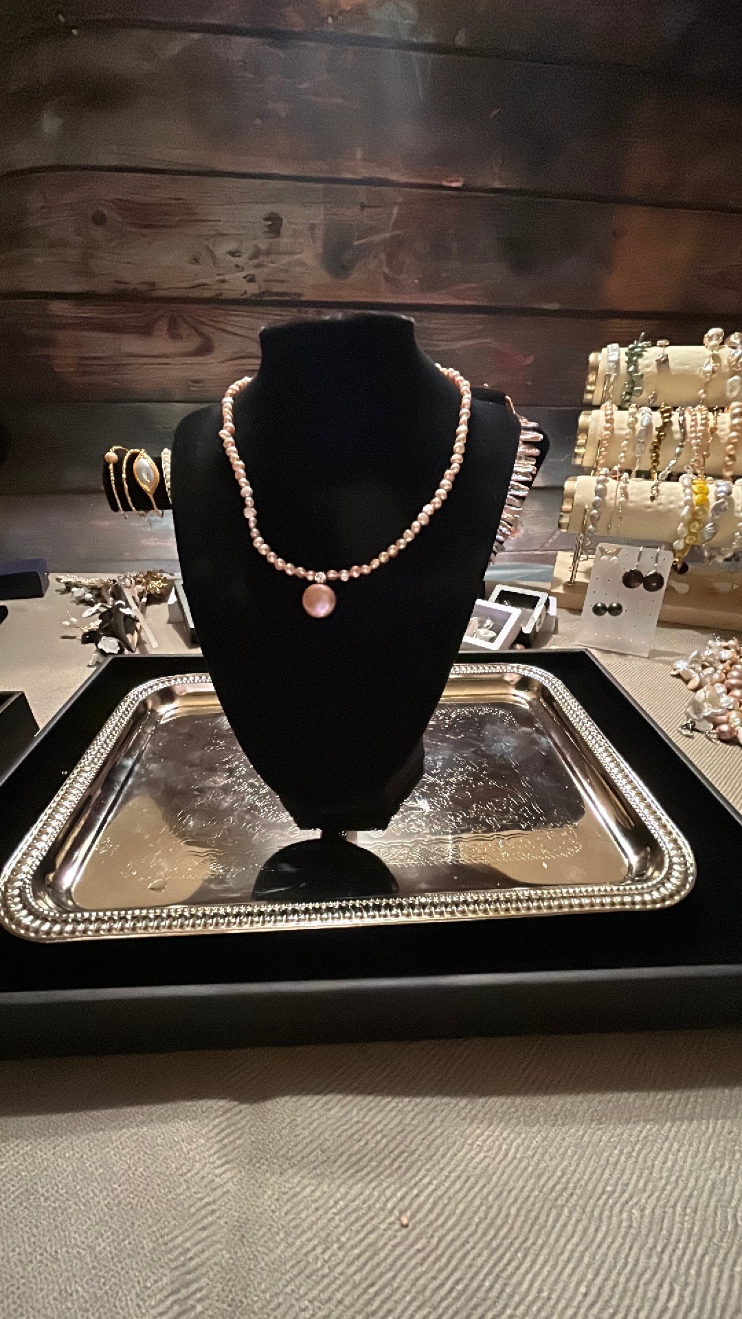 Purple baby pearl necklace with round baroque pendant