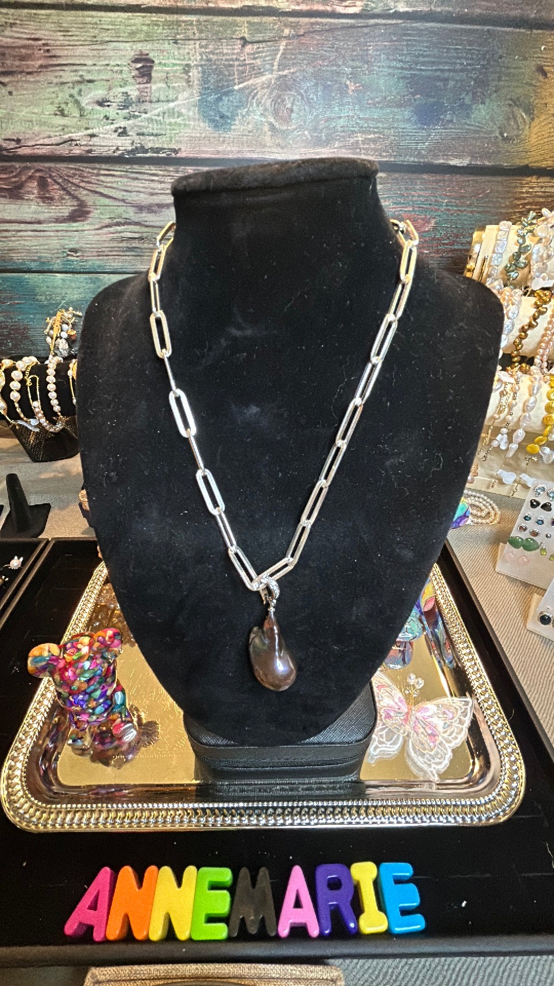 Gorgeous blue baroque pendant on large paper clip chain