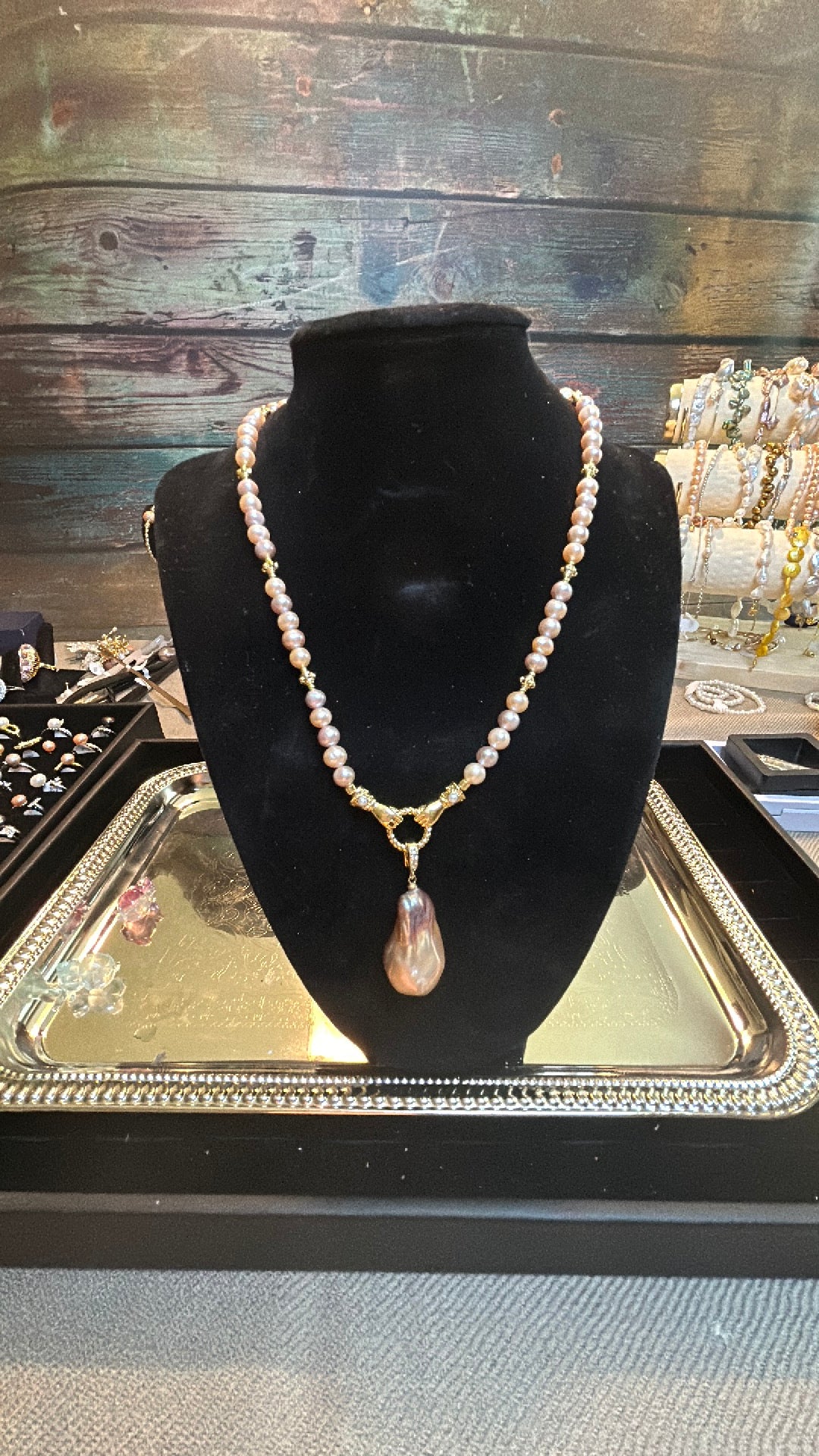 Pink freshwater pearl necklace with large baroque pendant