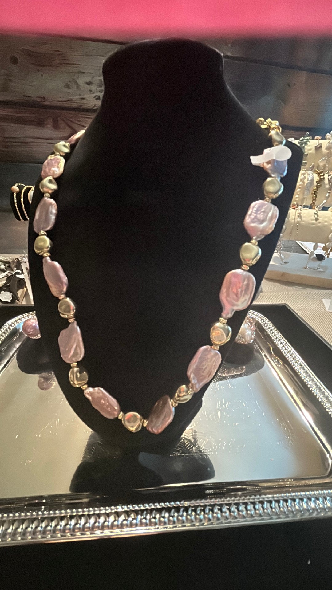 Extra long strand of purple baroque with gold beads necklace