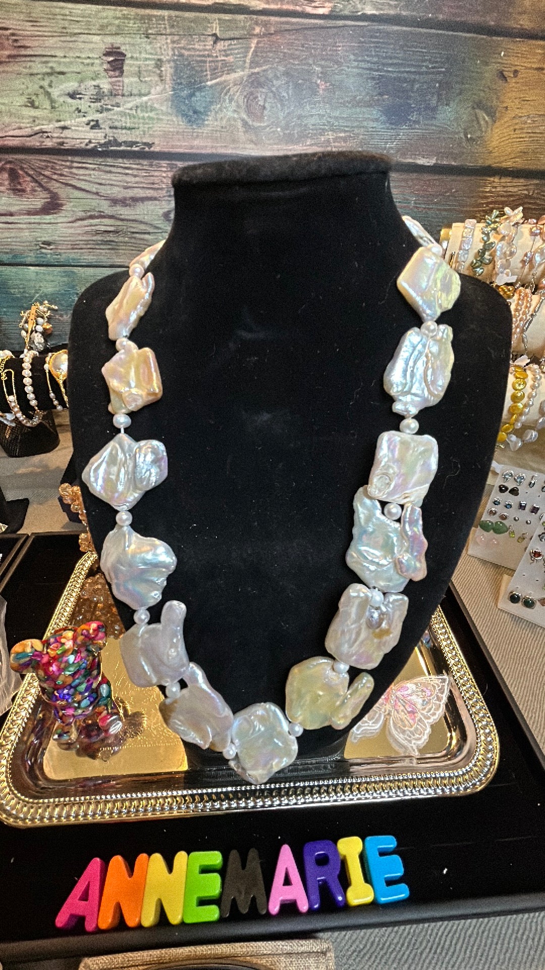 Square silver long baroque necklace