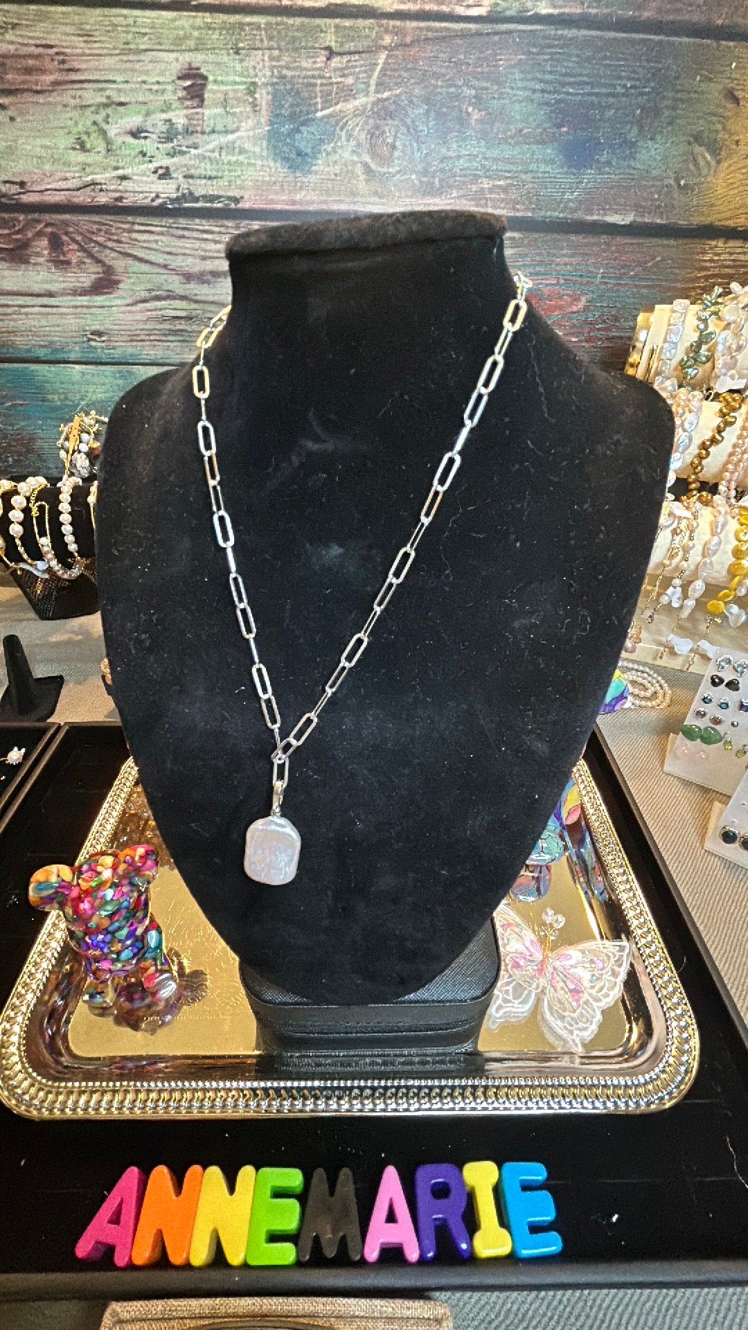 Square baroque pendant on paper clip chain