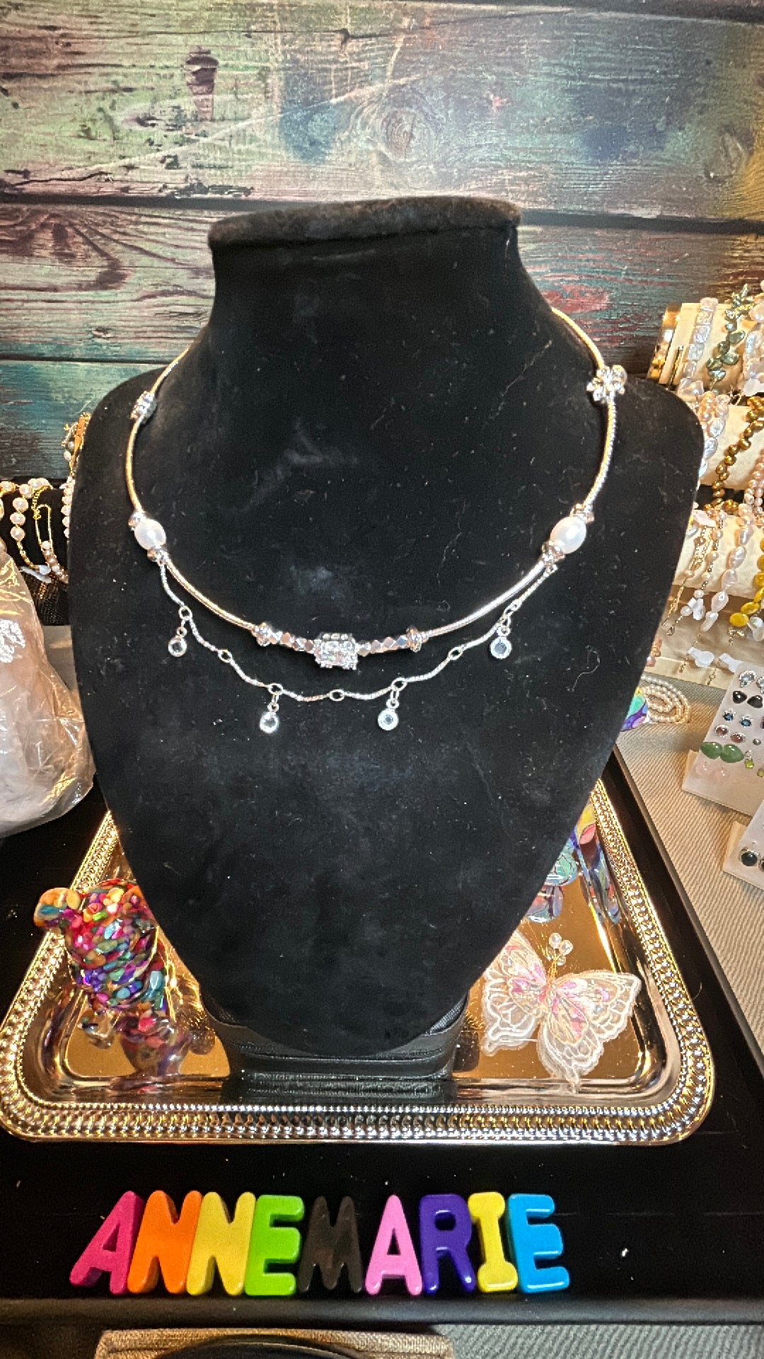 Silver crystal & pearl choker