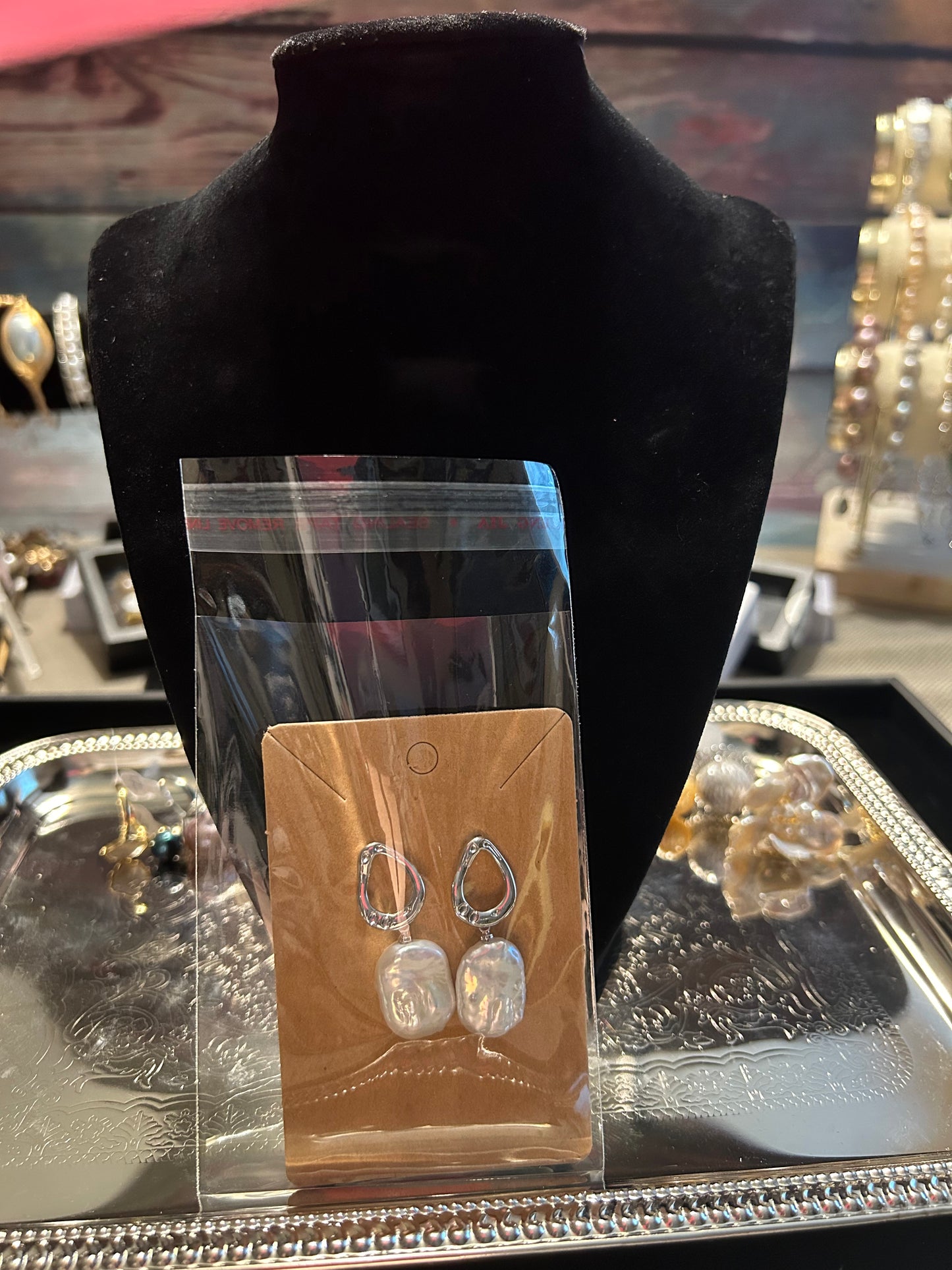 Silver rectangular baroque earrings