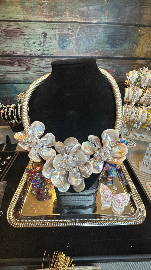 Huge shell & freshwater pearl statement necklace