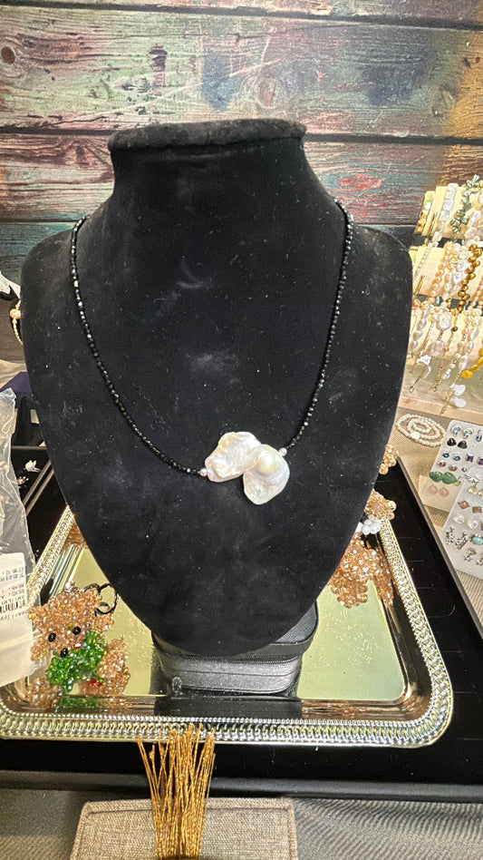 Large white baroque on black obsidian chain necklace