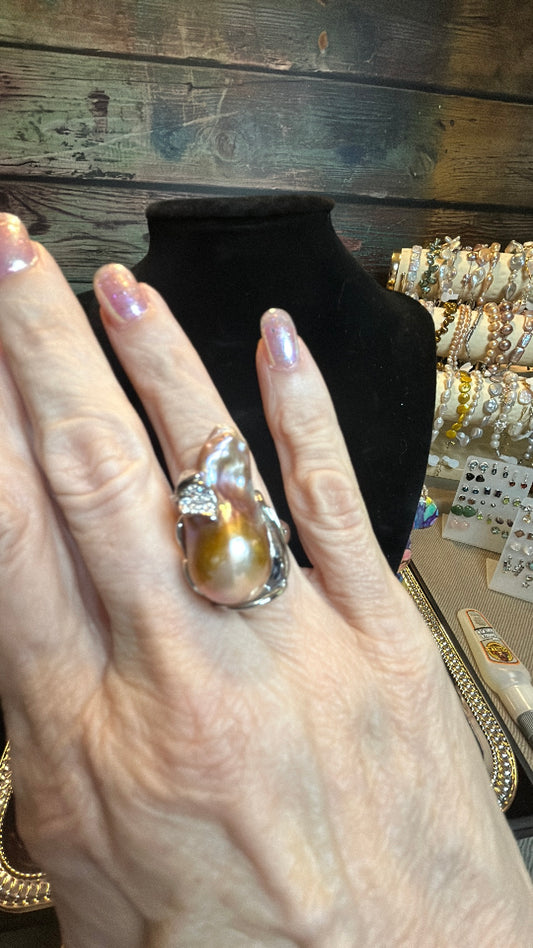 Large lavender baroque silver ring