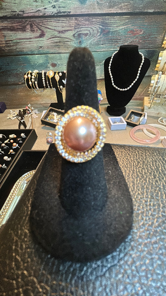 Pink Edison pearl in CZ halo setting ring adjustable