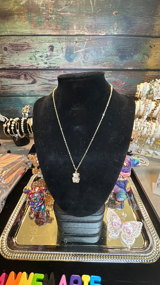 Golden mother of pearl teddy bear necklace