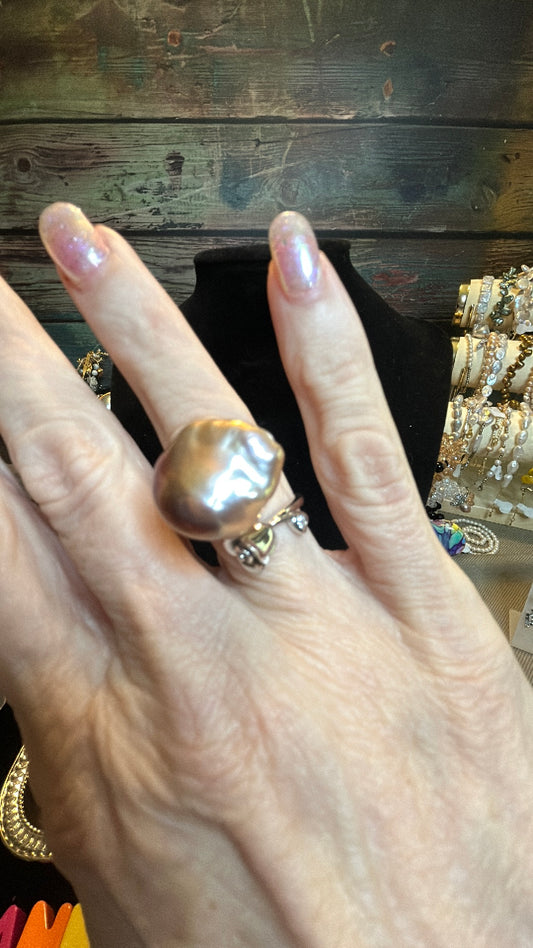 Large round lavender baroque adjustable ring