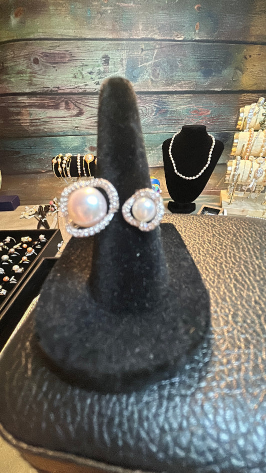 Silver double pearl halo ring adjustable