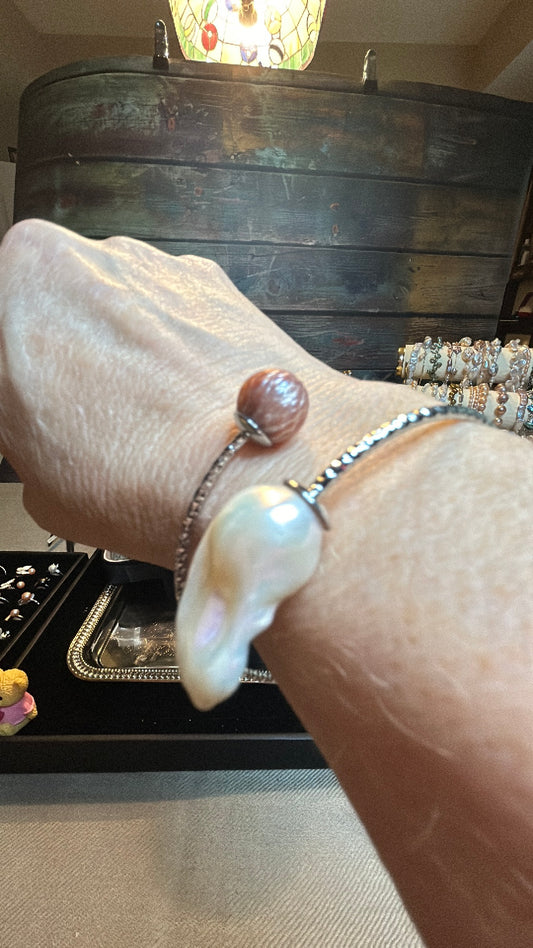 Large white baroque & purple dragon scale pearl bangle bracelet