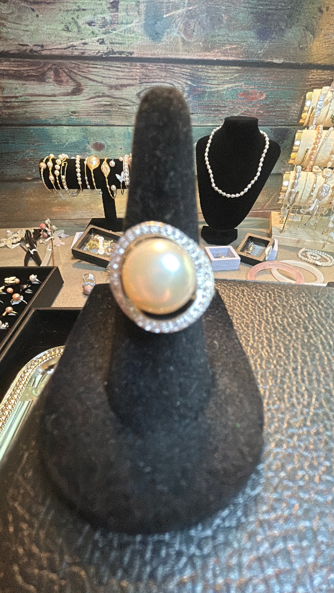 Ivory pearl ring with CZ halo adjustable