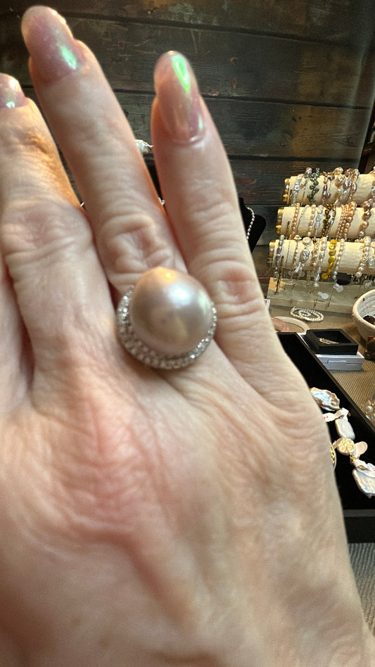 Edison pearl ring with CZ halo