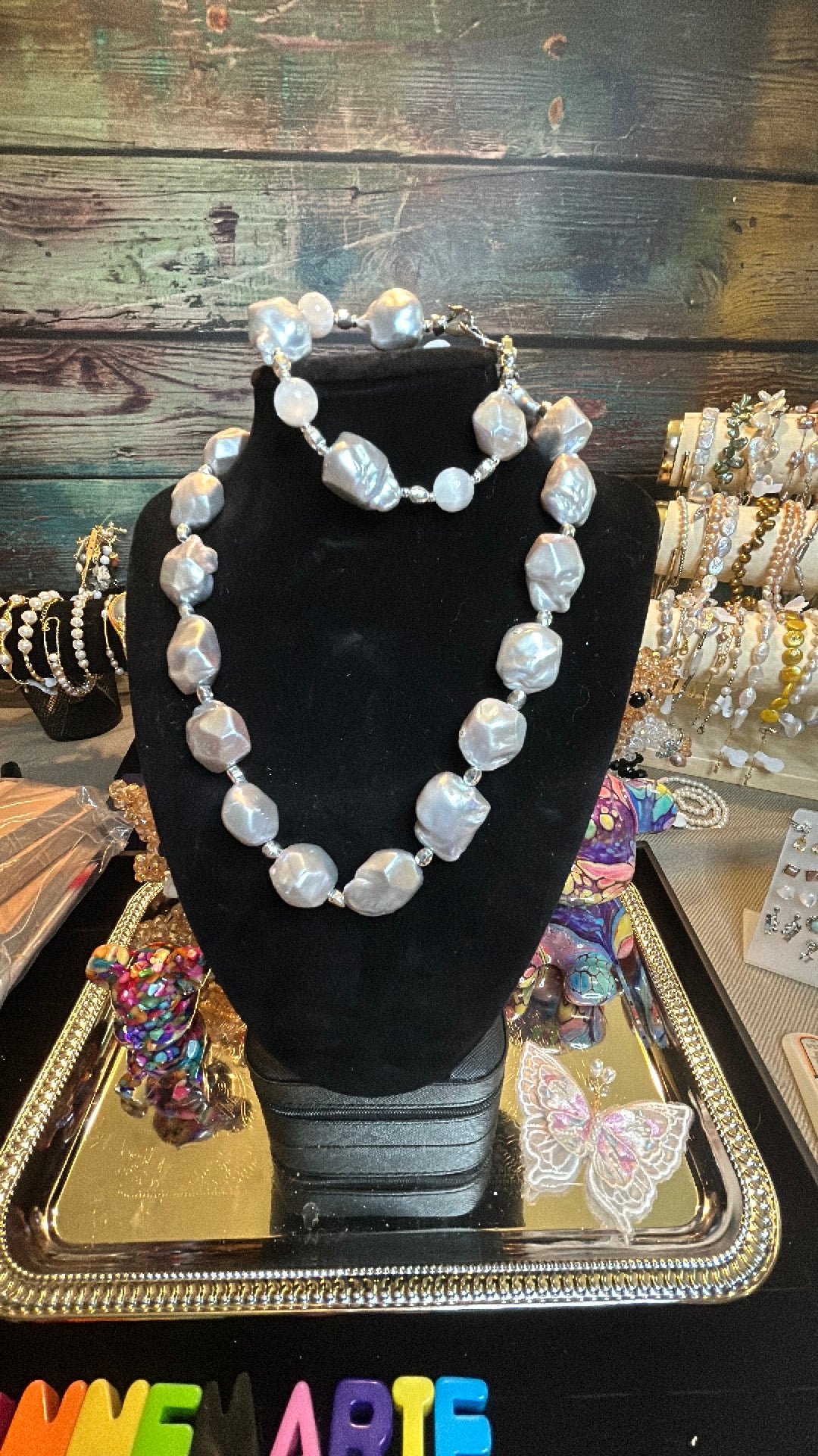 Square shaped silver perfect baroque necklace & bracelet set