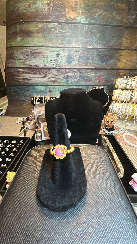 Gold stretch ring with pink moon