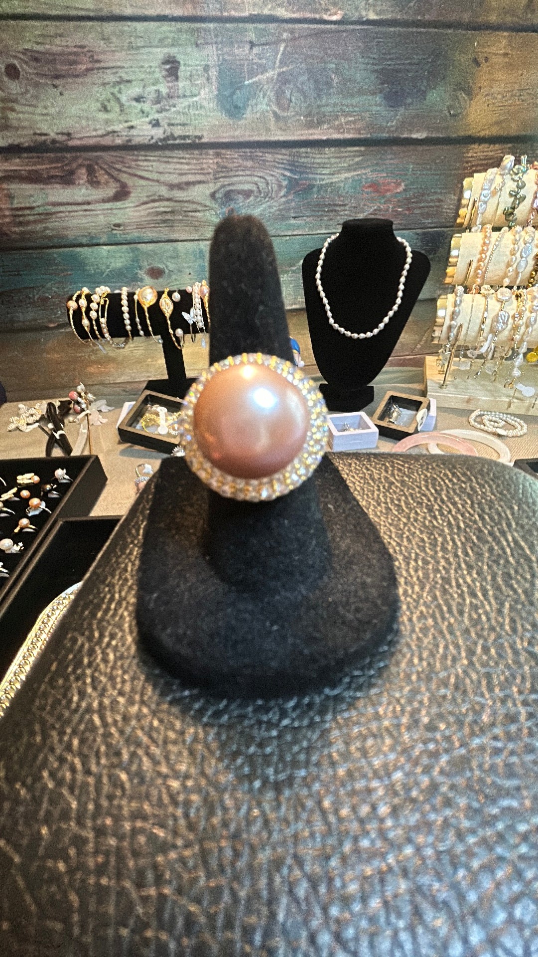 Large pink Edison pearl ring in CZ halo adjustable