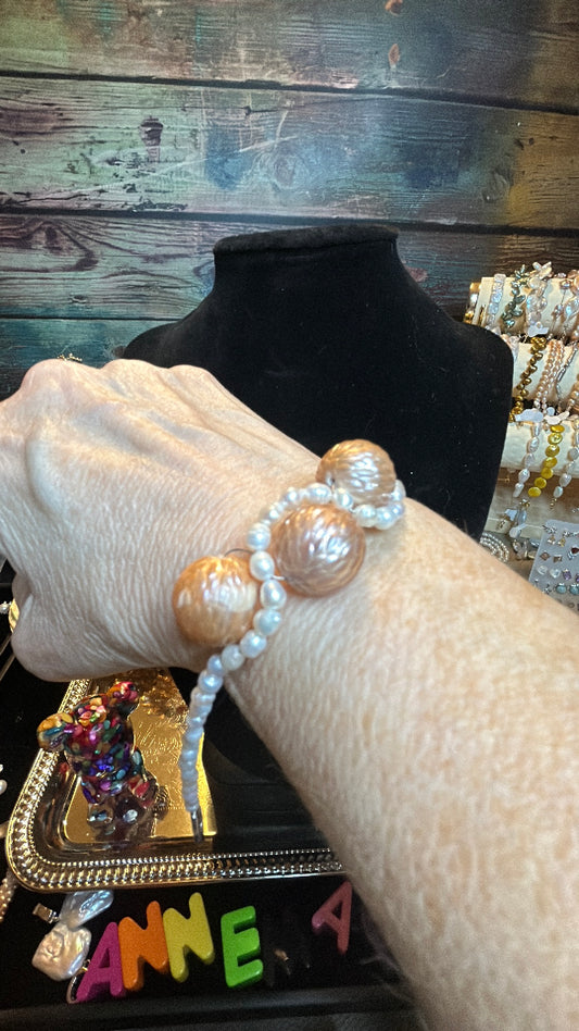 Giant champagne colored dragon scale & white freshwater pearl bracelet
