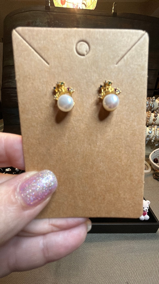 Pearl studs with gemstone crown earrings