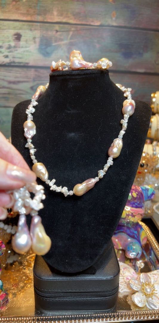 Full pink baroque necklace, bracelet, earrings & ring set