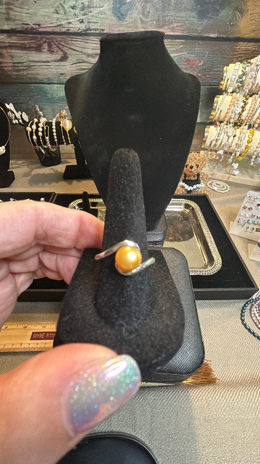 Golden pearl silver ring