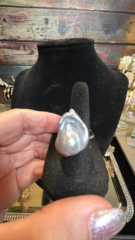 Large silver baroque solitaire ring