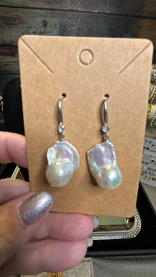 Perfect white baroque dangling earrings