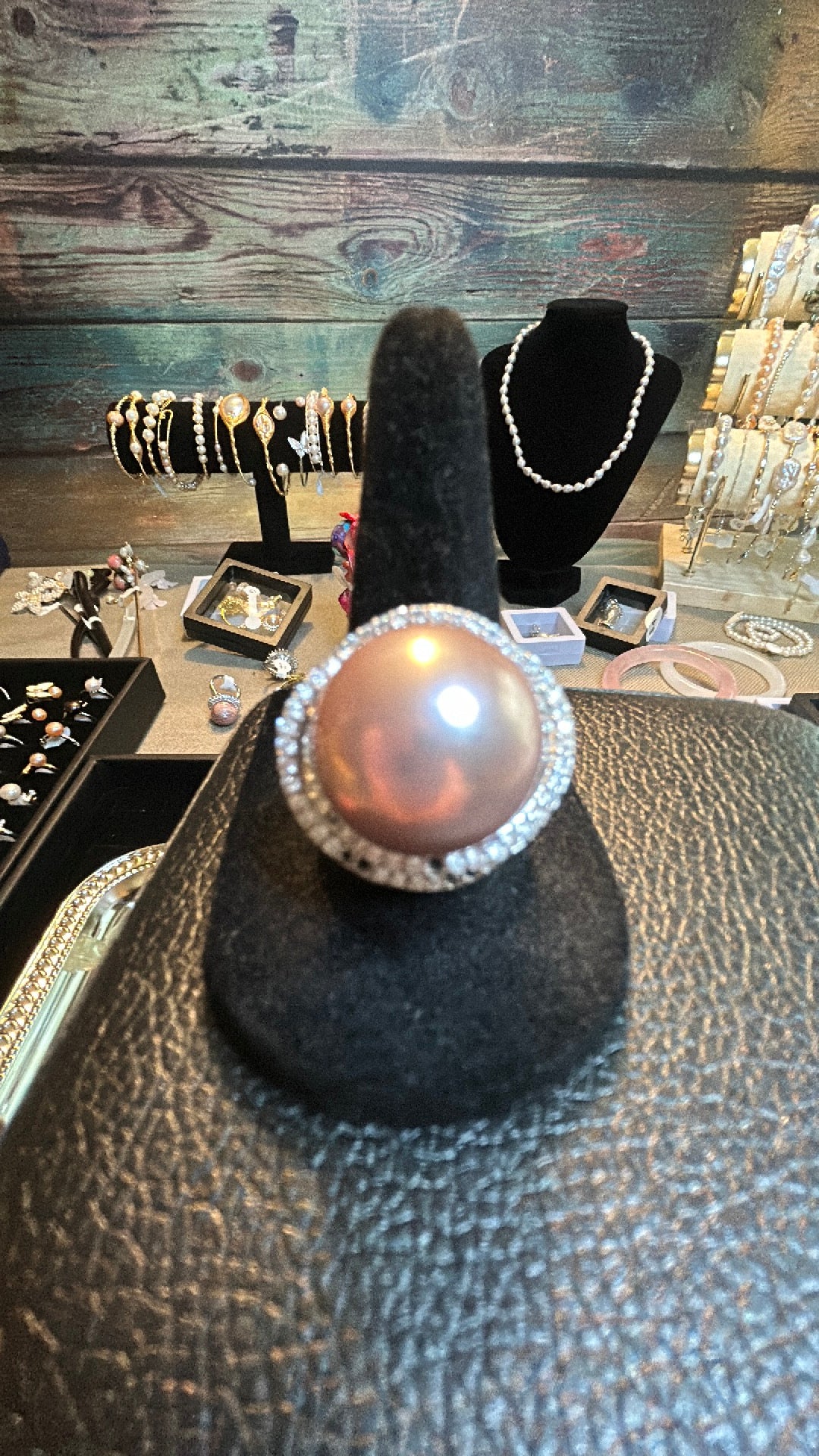 Large Edison pearl in a CZ halo setting ring adjustable